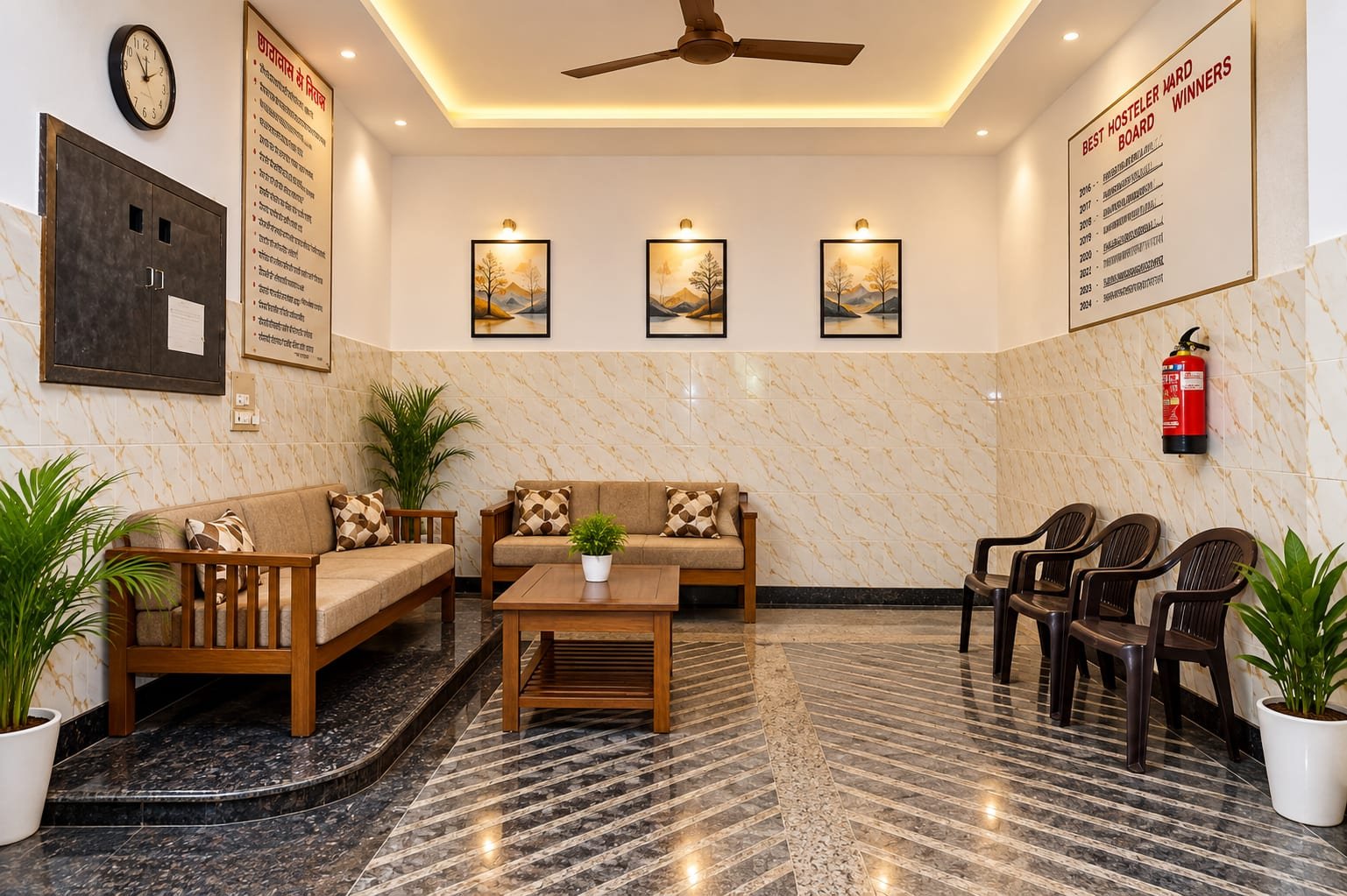The waiting area inside the entrance, with two sofas, potted plants, the house rules board and a fire extinguisher on the wall